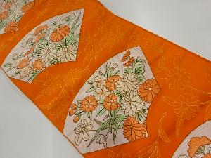 リサイクル　地紙に松・草花模様織出し名古屋帯